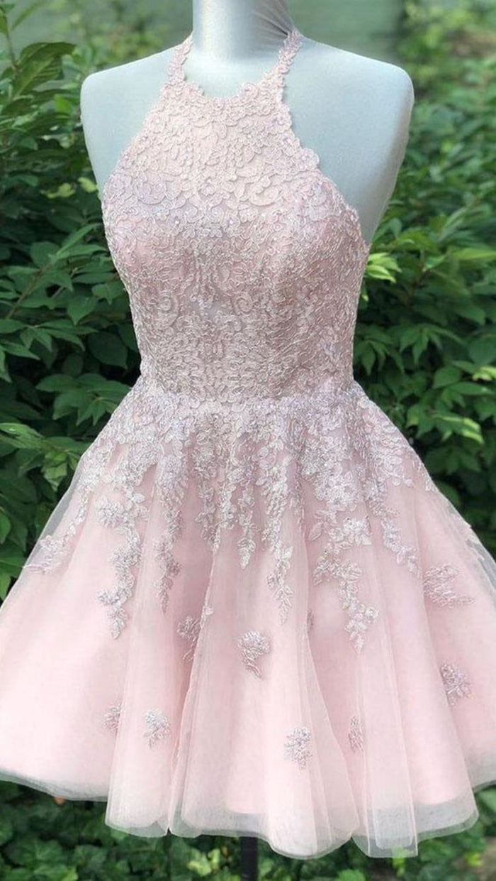 Short Prom Dress 2022 Beautiful back Halter neck Corset back with Lace appliques