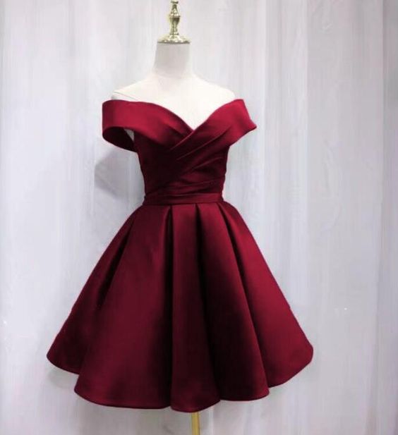 Short Prom Dress 2022 Burgundy Satin Homecoming Dress Off the Shoulder