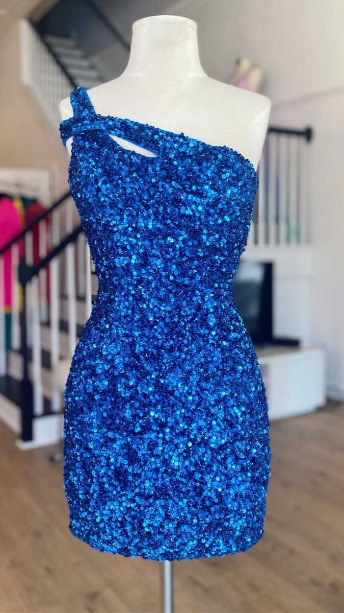 Short Prom Dress 2023 Sheath/Column One-shoulder Sleeveless Crisscross Back Sequin