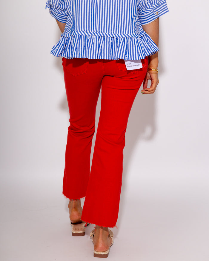 Shy Girl High Rise Frayed Jeans in Cherry Red