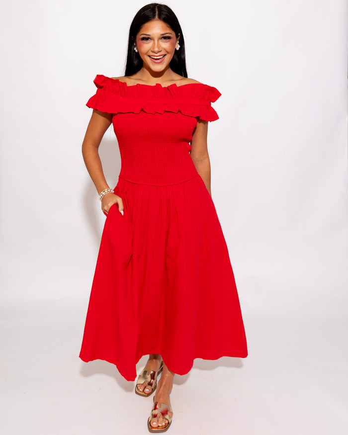 Smocked Bodice Off Shoulder Midi Dress