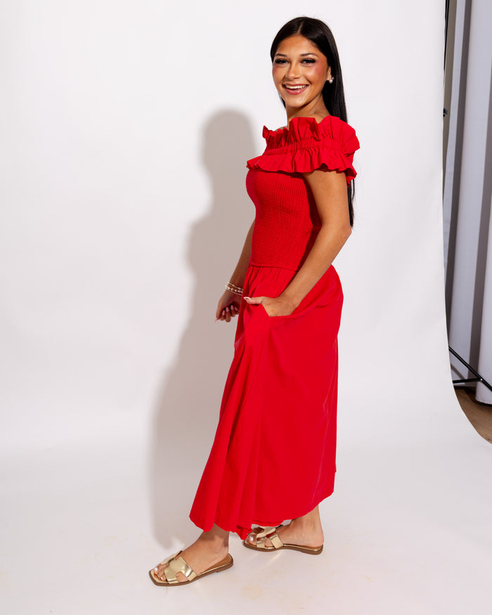 Smocked Bodice Off Shoulder Midi Dress
