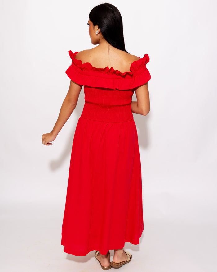 Smocked Bodice Off Shoulder Midi Dress