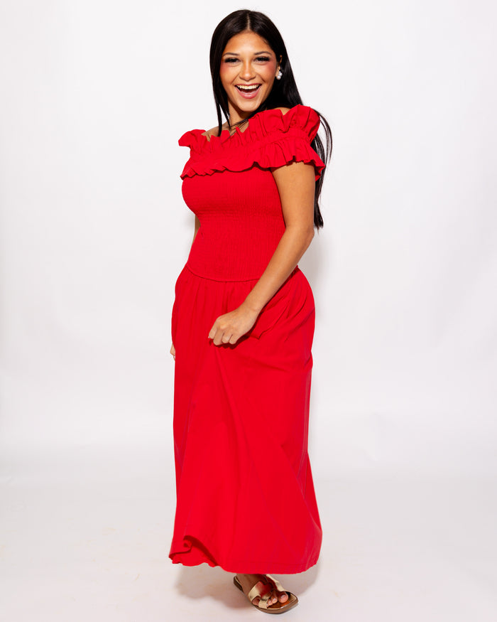 Smocked Bodice Off Shoulder Midi Dress