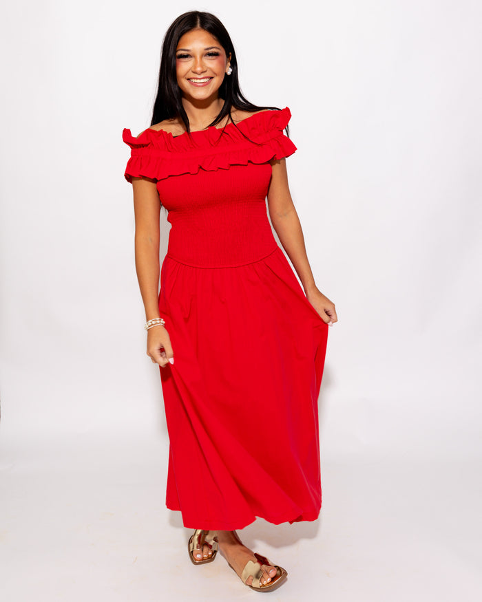 Smocked Bodice Off Shoulder Midi Dress