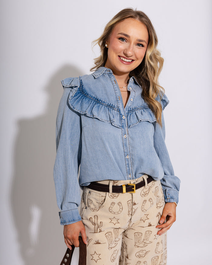 Snow Washed Denim Ruffle Top