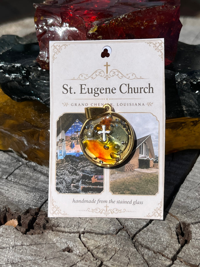 St Eugene Small Round Gold Pendant with Cross