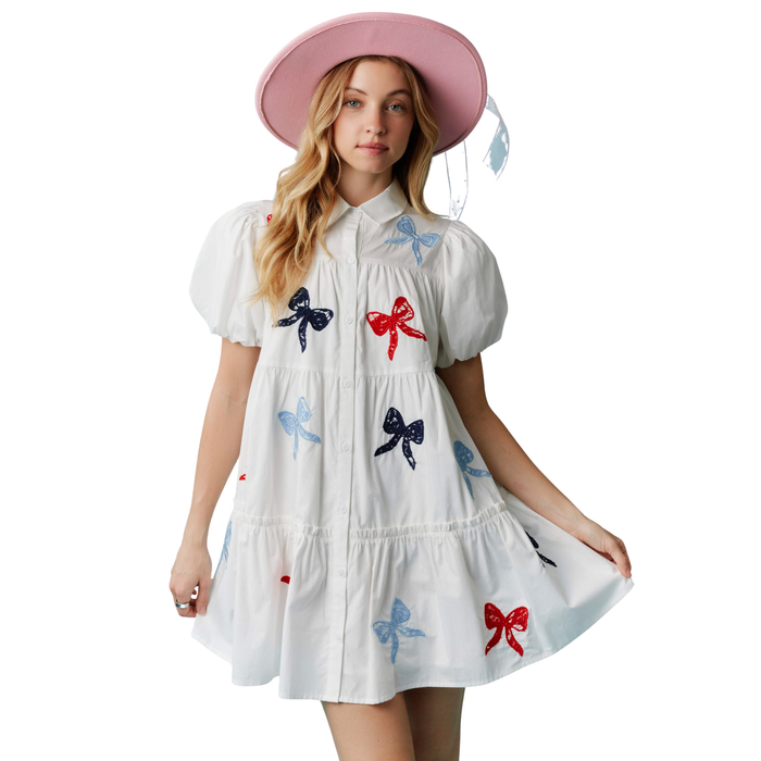 Star Spangled Bow Mini Dress in White