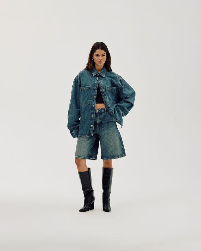 Straight Denim Shorts, Women - Faded Blue