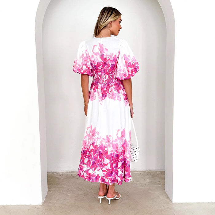Strap print fairy style medium long style dress with a large swingmen