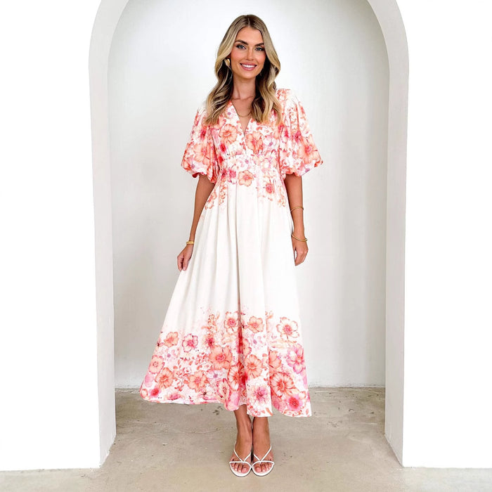 Strap print fairy style medium long style dress with a large swingmen