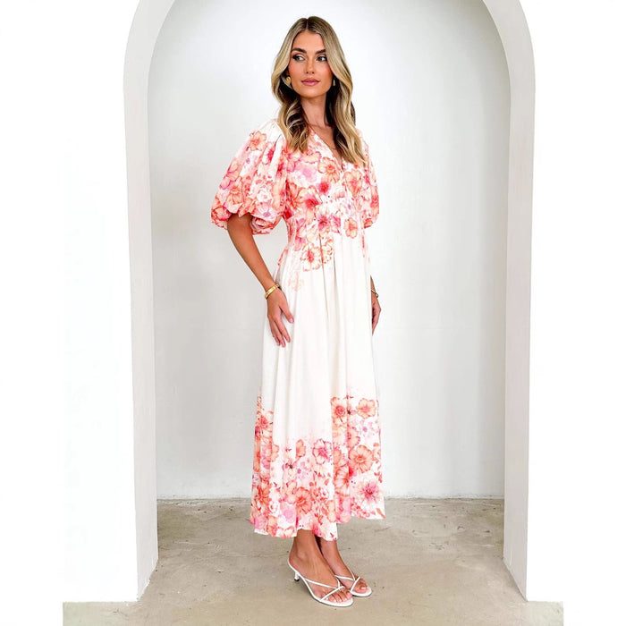 Strap print fairy style medium long style dress with a large swingmen
