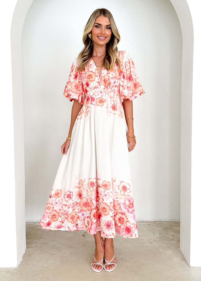 Strap print fairy style medium long style dress with a large swingmen