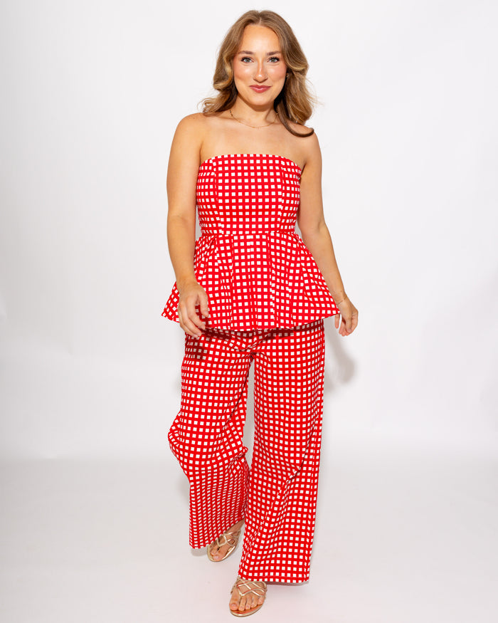 Strapless Checkered Peplum Top & Pant Set