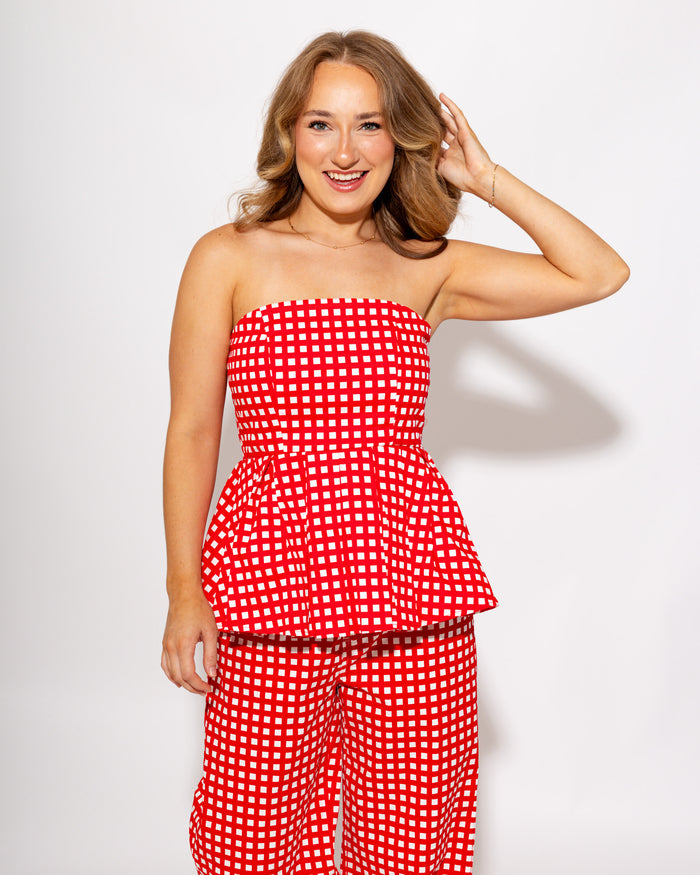 Strapless Checkered Peplum Top & Pant Set