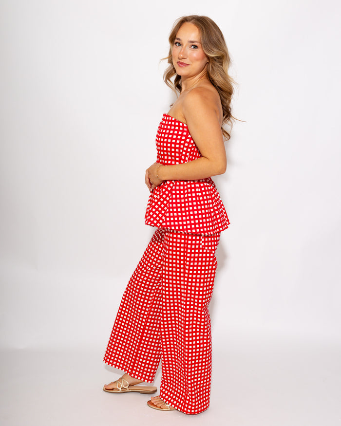 Strapless Checkered Peplum Top & Pant Set