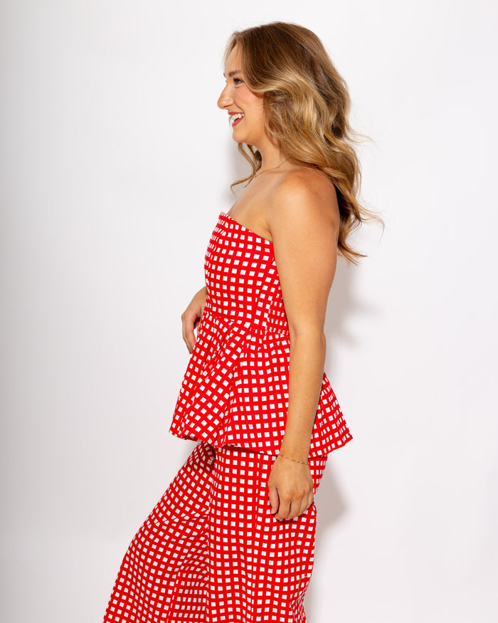 Strapless Checkered Peplum Top & Pant Set