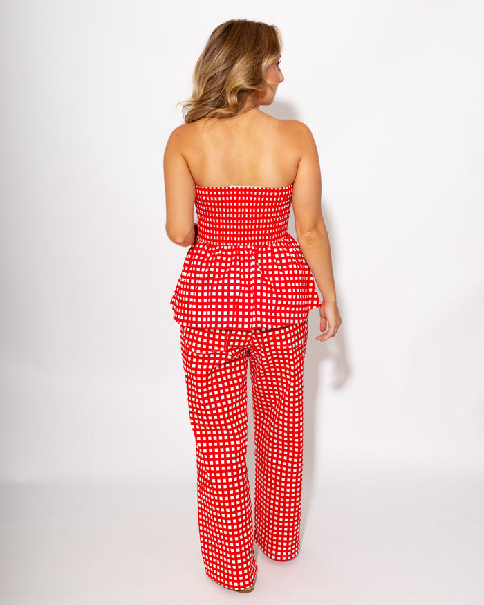 Strapless Checkered Peplum Top & Pant Set