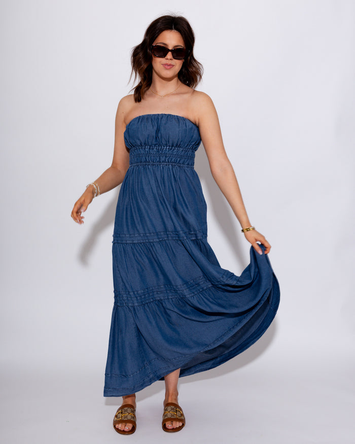 Strapless Denim Midi Dress