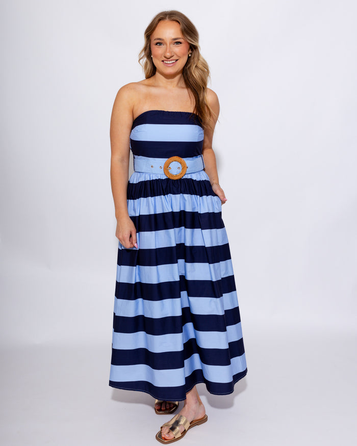 Navy stripe strapless midi dress with buckle contrast waistband and smocked back, 100% cotton summer dress at Gaudie & Co