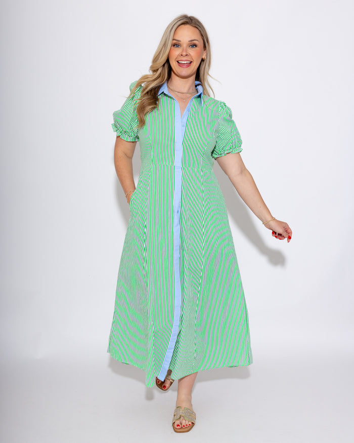 Stripe Puff Sleeve Midi Dress in Green