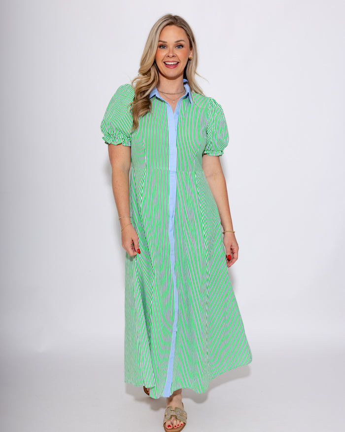 Stripe Puff Sleeve Midi Dress in Green