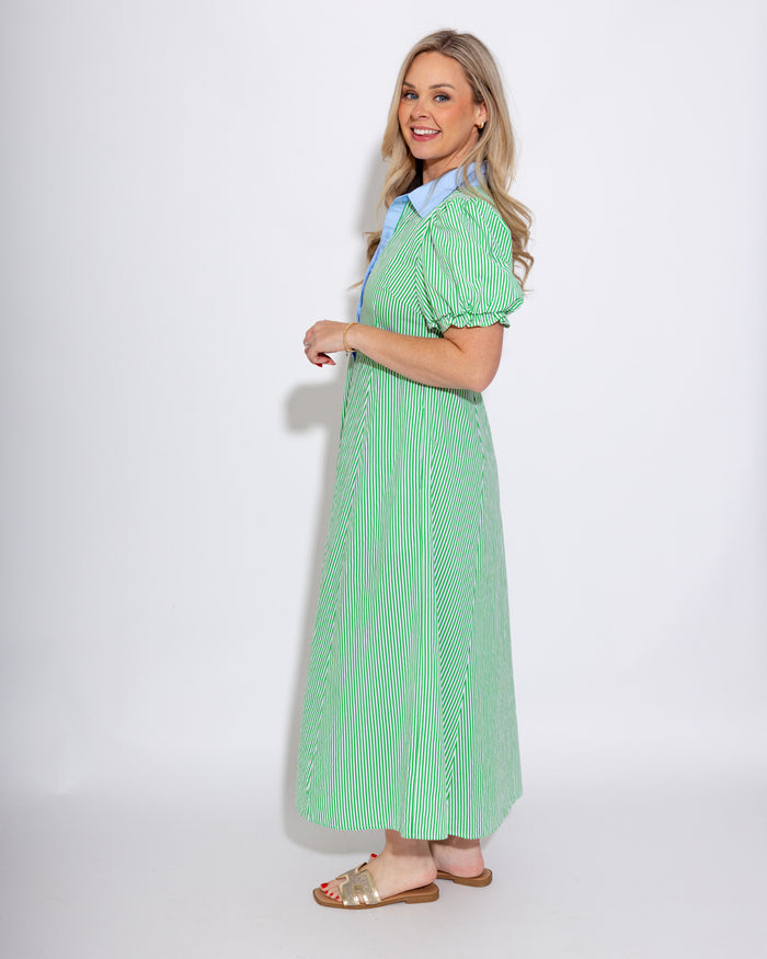 Stripe Puff Sleeve Midi Dress in Green