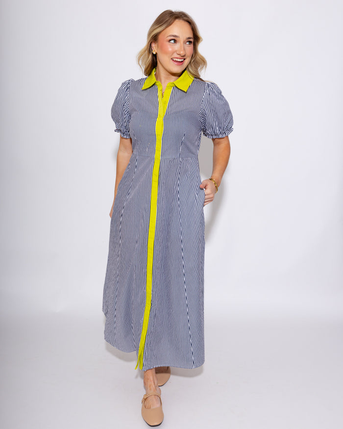 Stripe Puff Sleeve Midi Dress in Navy