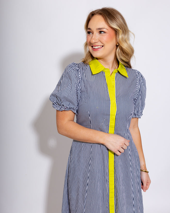 Stripe Puff Sleeve Midi Dress in Navy
