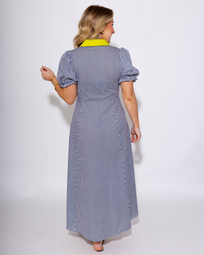 Stripe Puff Sleeve Midi Dress in Navy