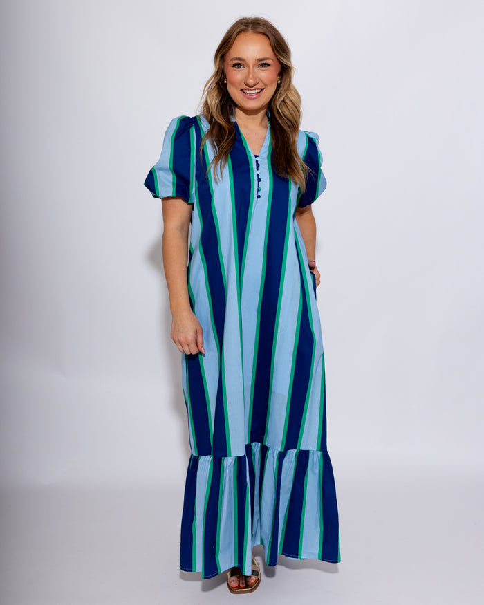 Light blue navy and green stripe ruffle neck midi dress with cuffed sleeves, women's boutique summer dress at Gaudie & Co