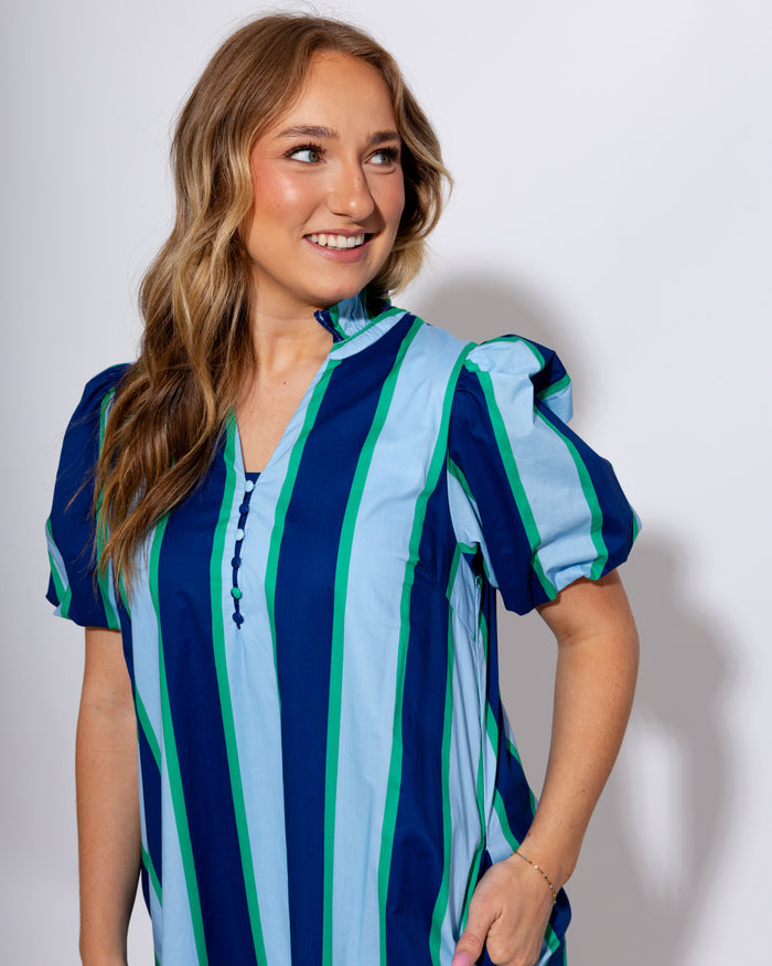 Stripe Ruffle Neck Midi Dress