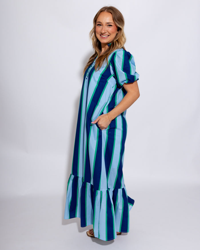 Stripe Ruffle Neck Midi Dress