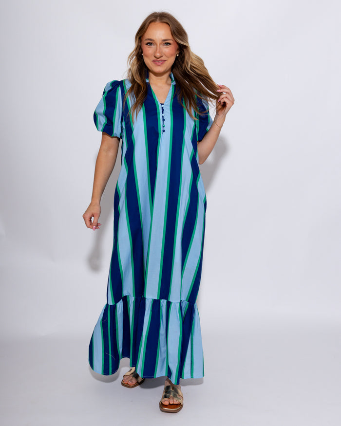 Stripe Ruffle Neck Midi Dress