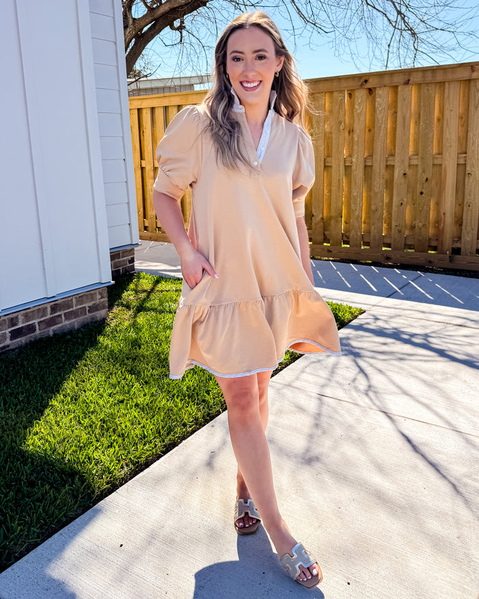 Striped High Neck and Solid Dress in Latte
