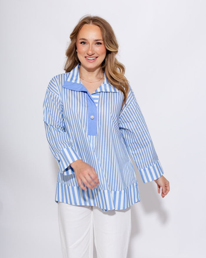 Striped Pearl Accent Button Top
