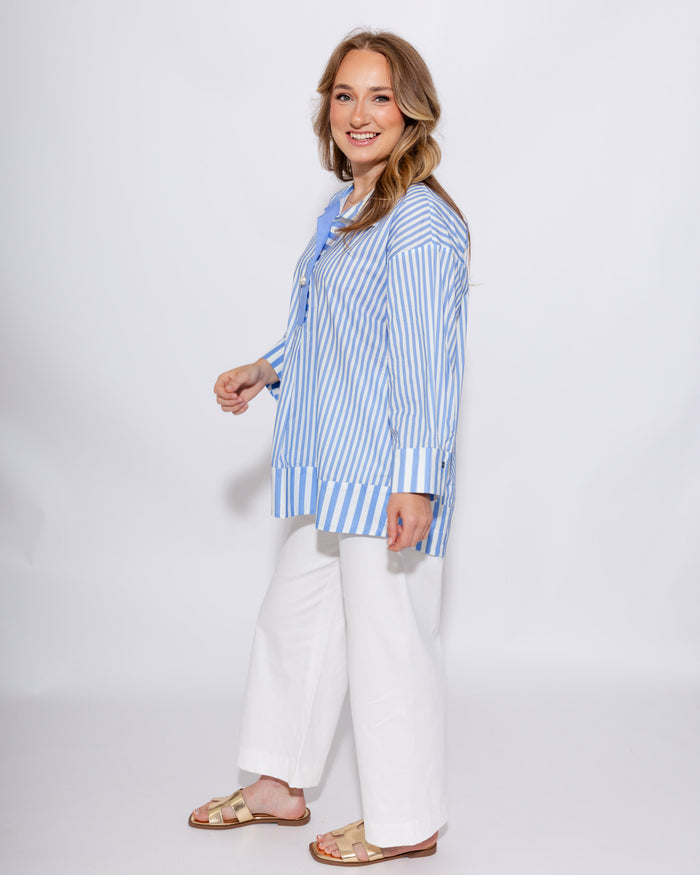 Striped Pearl Accent Button Top