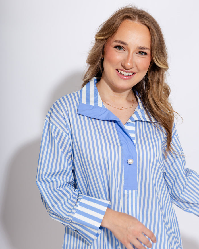 Striped Pearl Accent Button Top