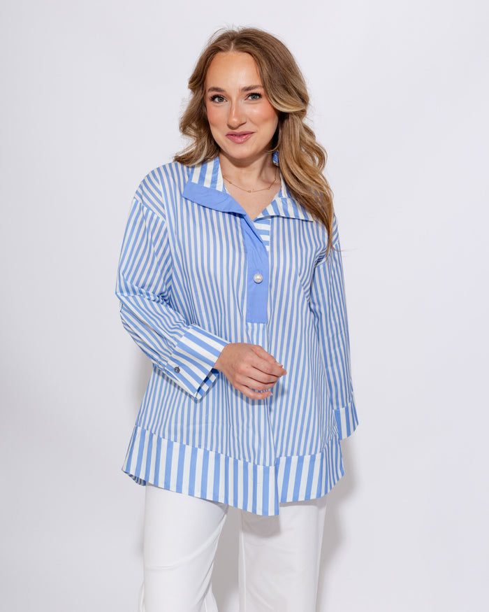 Striped Pearl Accent Button Top