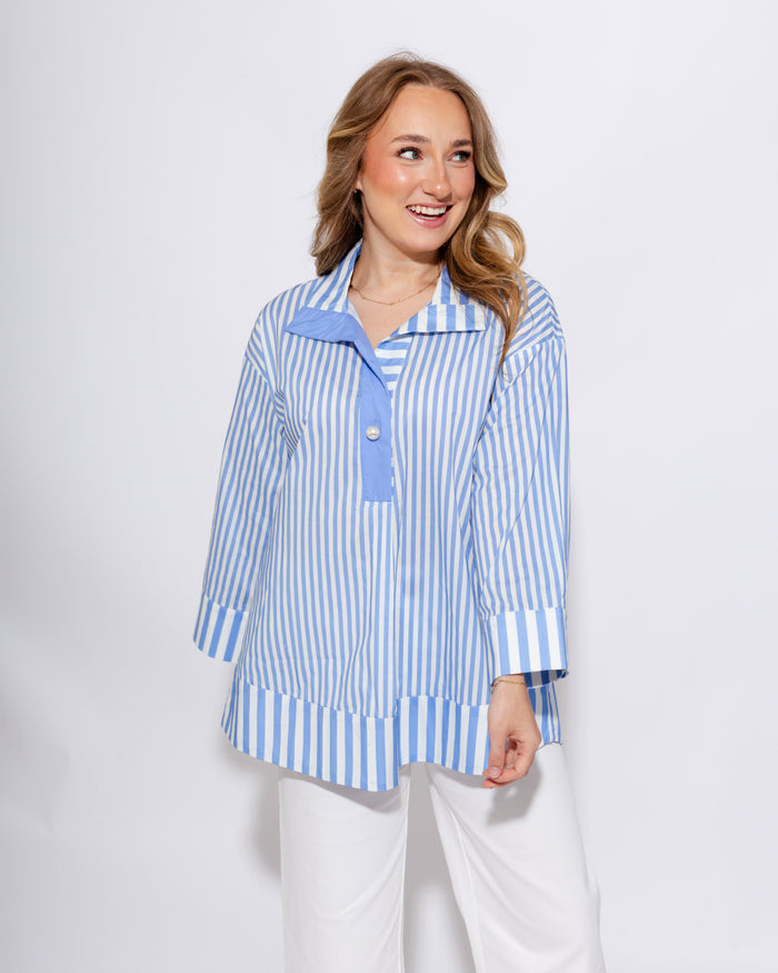 Striped Pearl Accent Button Top