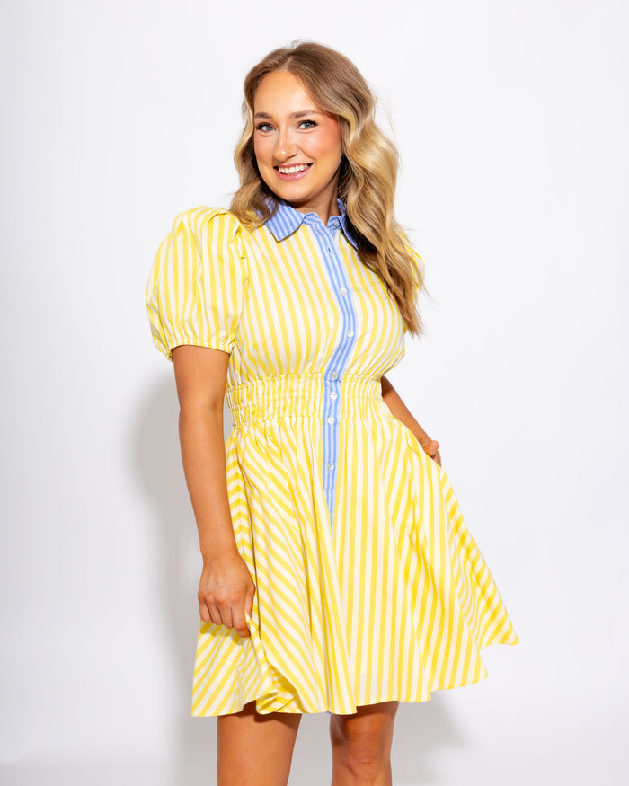 Striped Smocked Mini Dress in Lemon