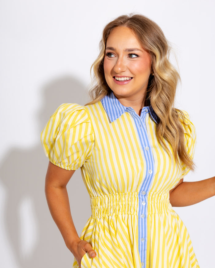 Striped Smocked Mini Dress in Lemon