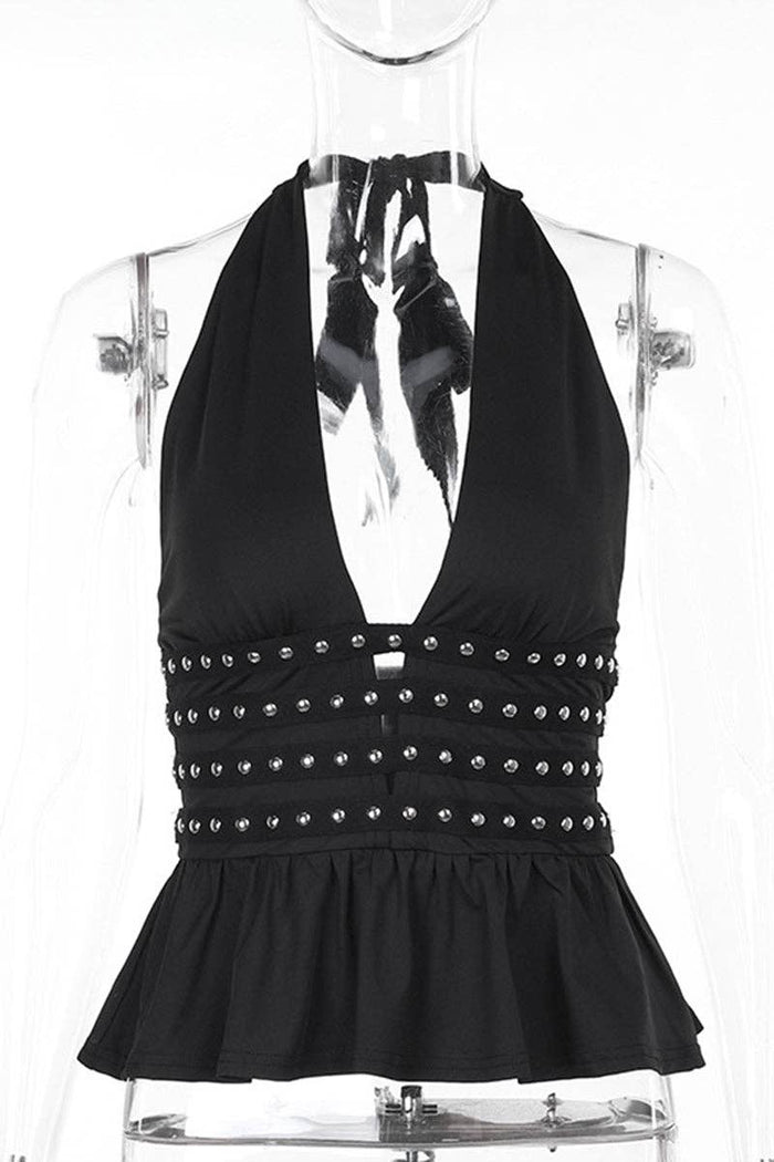 Studded Halterneck Peplum Top
