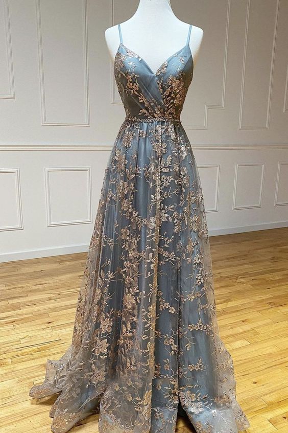 Stylish Prom Dress 2023 A-line V Neck Spaghetti Straps with Appliques Pleats