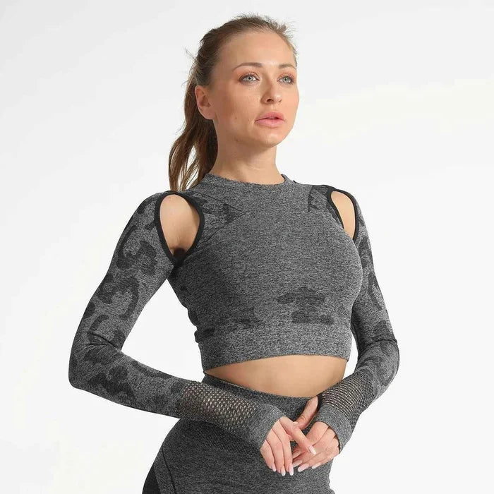 Summer Long Sleeve Crop Top Women Fitness Gym Yoga Sports Camouflage Seamless Breathable Yoga Top - Allen-Fitness