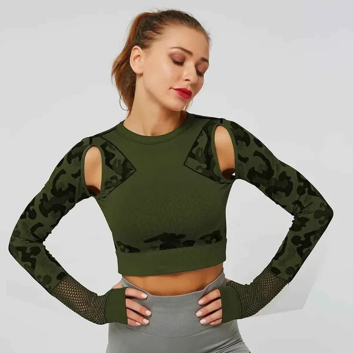 Summer Long Sleeve Crop Top Women Fitness Gym Yoga Sports Camouflage Seamless Breathable Yoga Top - Allen-Fitness