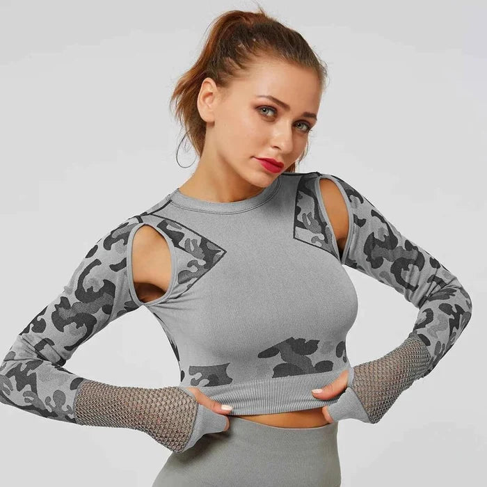 Summer Long Sleeve Crop Top Women Fitness Gym Yoga Sports Camouflage Seamless Breathable Yoga Top - Allen-Fitness