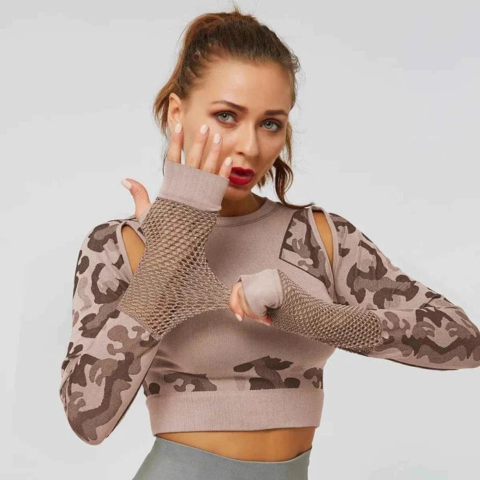 Summer Long Sleeve Crop Top Women Fitness Gym Yoga Sports Camouflage Seamless Breathable Yoga Top - Allen-Fitness