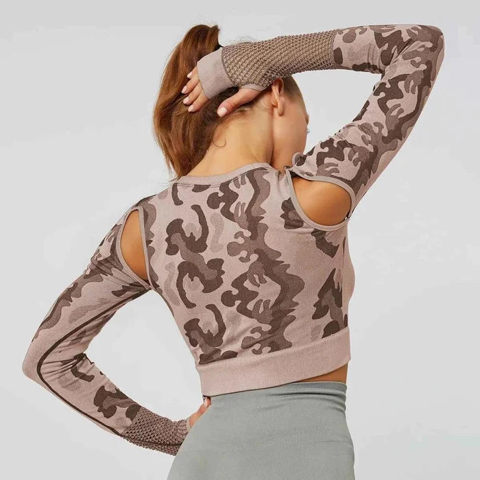 Summer Long Sleeve Crop Top Women Fitness Gym Yoga Sports Camouflage Seamless Breathable Yoga Top - Allen-Fitness