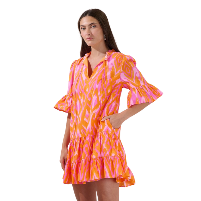 Sunset Ikat Ruffle Mini Dress